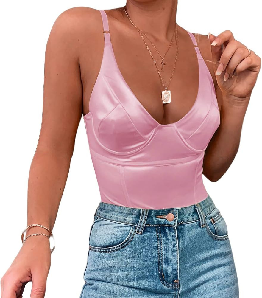 Velius Women's Sexy Deep V Neck Shiny Thong Bodysuit Tank Tops with Underwire | Amazon (US)
