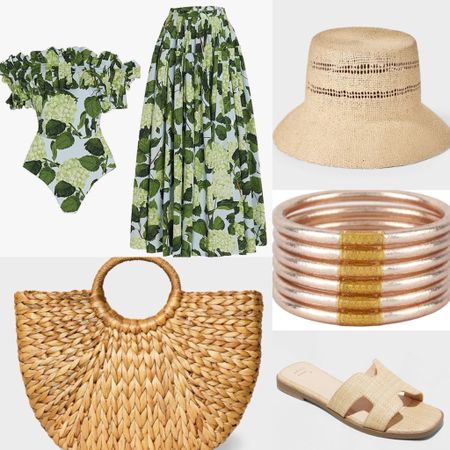 Affordable spring break resort wear
Amazon finds
Target style
One piece hydrangea swimsuit
With ruffle
Blue
Green
Straw bucket 
Basket 
Woven beach bag
Tote
Handbag
Natural
Slide on sandals
Champagne Budhagirl bangles
Vacation 
What to pack
Summer
Pool day outfit
Chic
Preppy
Classic
Style


#LTKtravel #LTKswim #LTKshoecrush