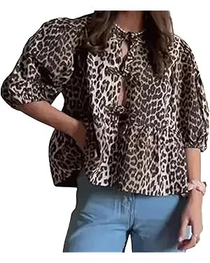 Tie Front Tops Womens Y2k Leopard Print Peplum Babydoll Top 3/4 Length Puff Sleeve Coquette Cute ... | Amazon (US)
