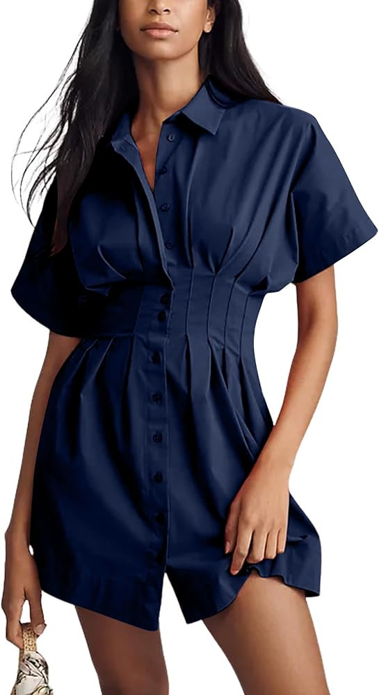 Women Button Front Pleated Shirt Dresses Summer Casual Short Sleeve Pleated Blouse Mini Dress | Amazon (US)