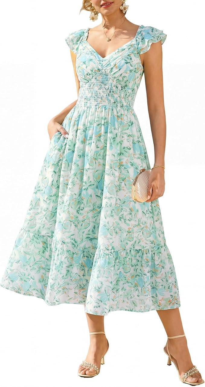 GRACE KARIN Women's Summer Floral Maxi Dress 2026 Ruffle Sleeve Smocked Sundress Flowy Wedding Gu... | Amazon (US)