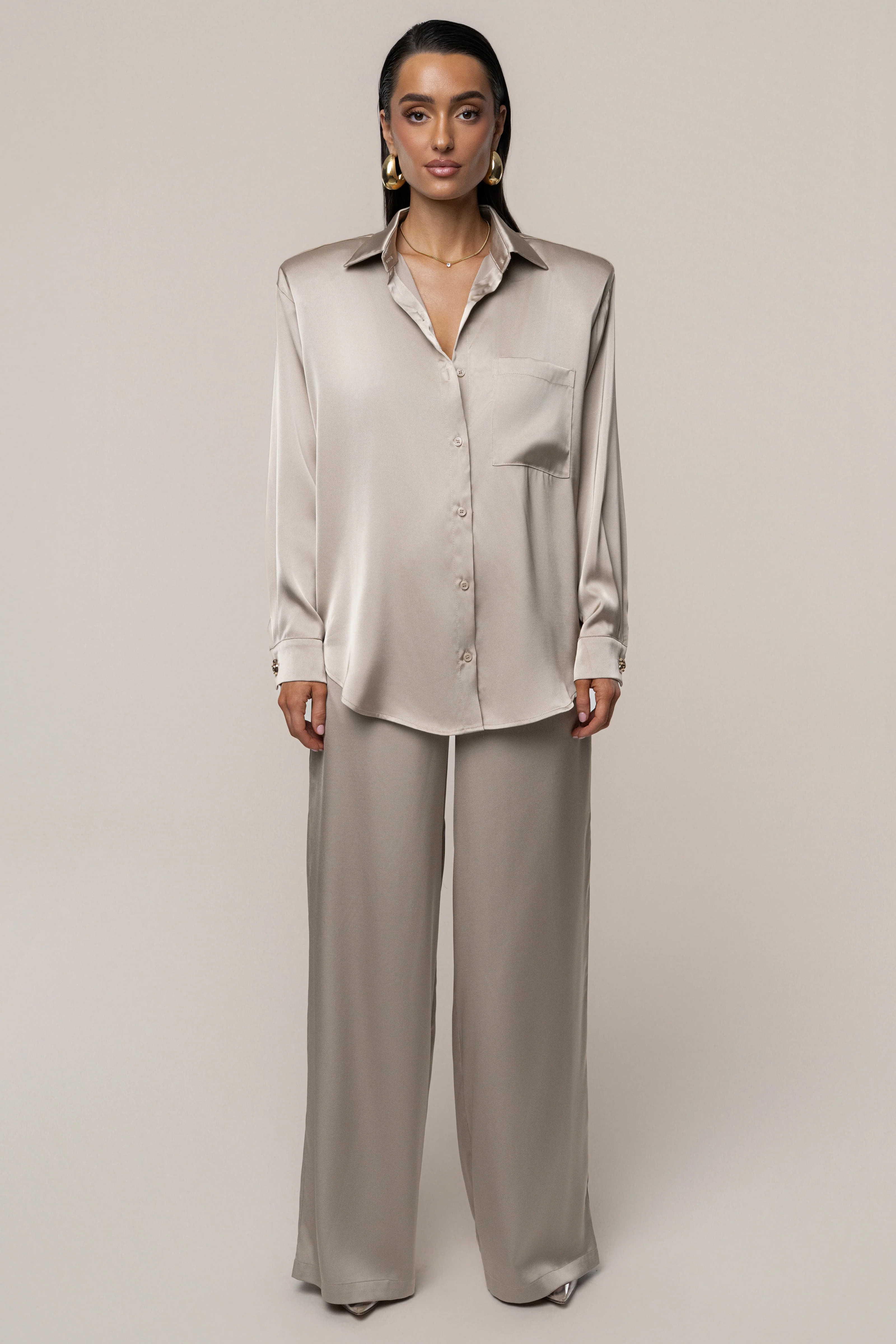 Beige Island Ease Collared Satin Top | JLUXLABEL US