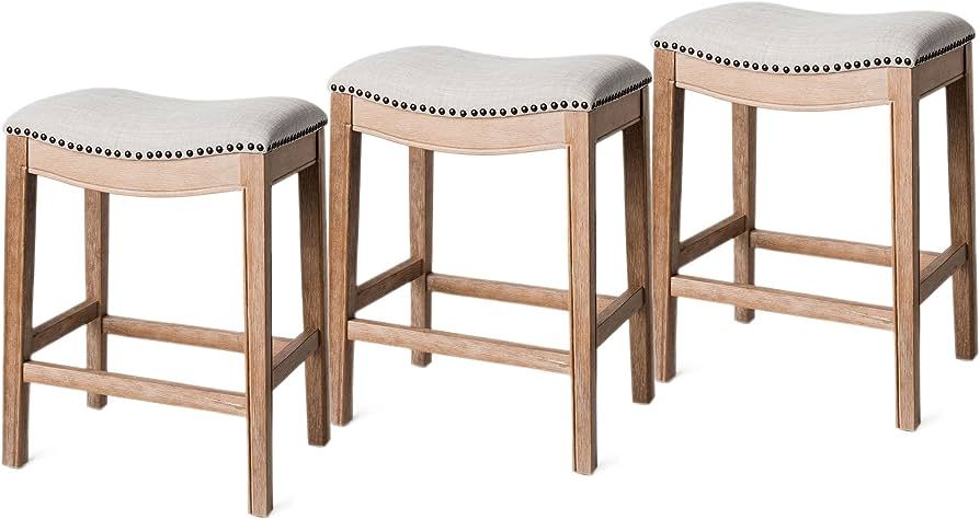 Maven Lane Adrien Saddle Counter Stool in Weathered Oak Finish w/Sand Color Fabric Upholstery, Se... | Amazon (US)