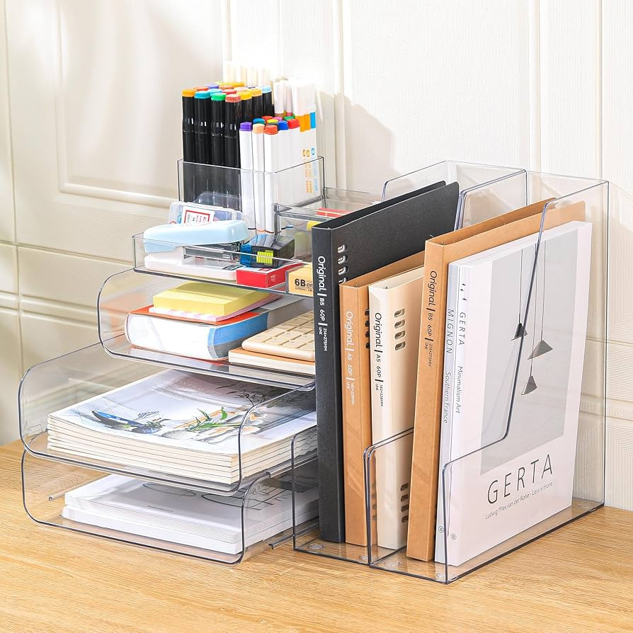 Desk Organizer with 2 Vertical File Holder, 4 Tier Stackable Paper Letter Tray File Organizer wit... | Amazon (US)