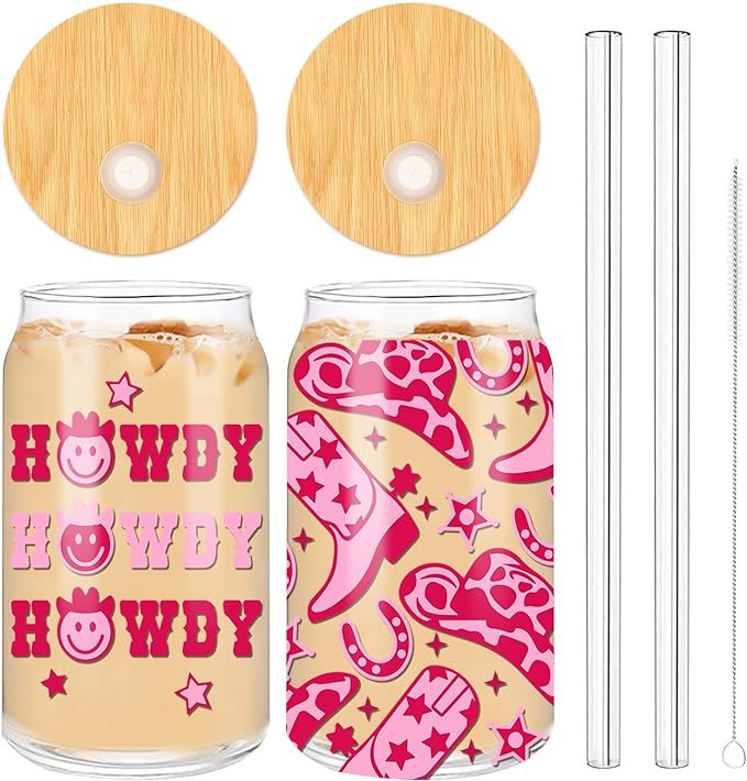 Whaline Western Cowgirl Beer Can Glass Cowgirl Drinking Glasses 16oz with Bamboo Lid Glass Straw ... | Amazon (US)
