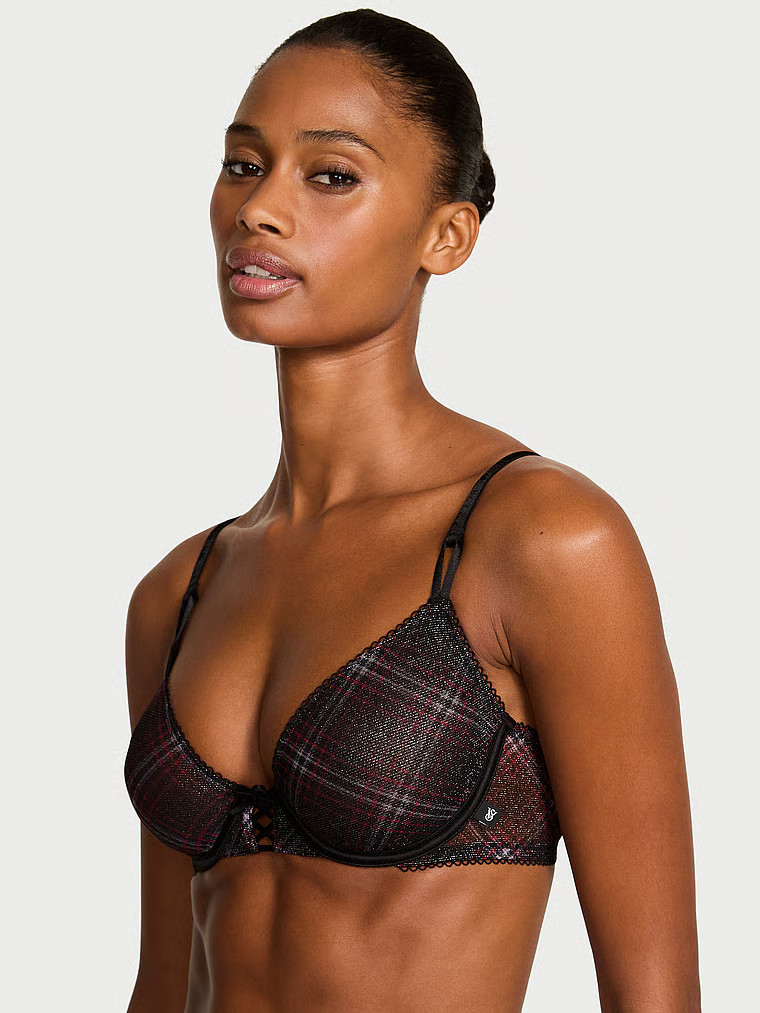 Buy Sexy Tee Shimmer Mesh Lace-Up Unlined Demi Bra, Black Plaid - Order Bras online - Victoria's ... | Victoria's Secret (US / CA )
