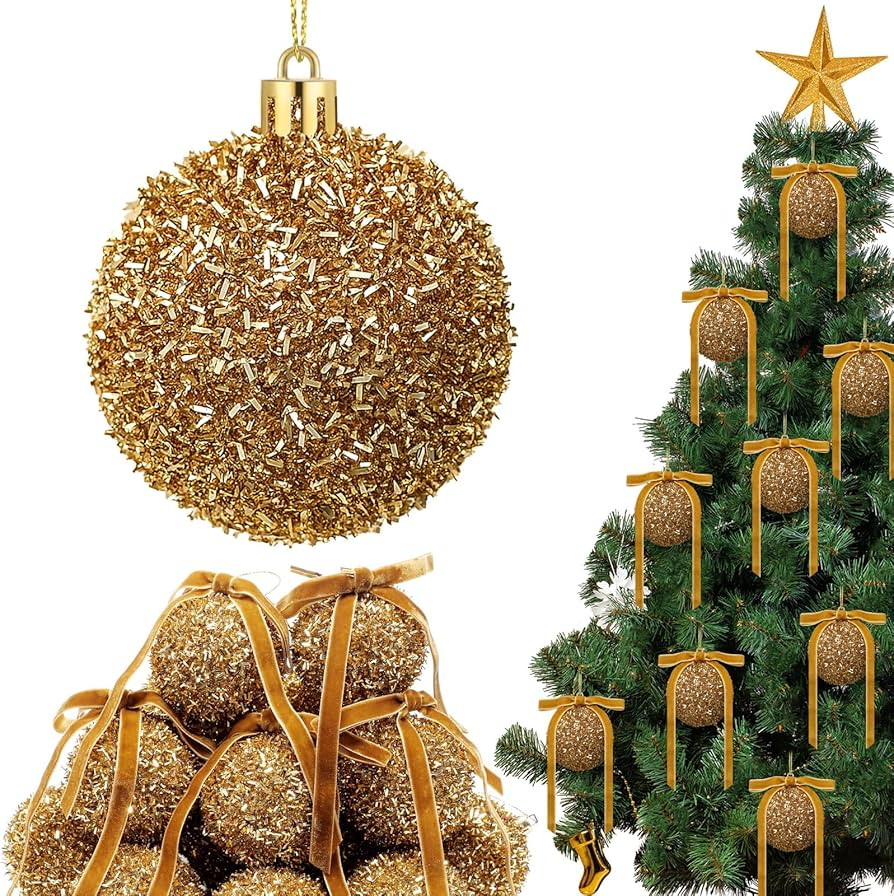 Wesiti 24 Sets 2.6 Inch Gold Glitter Christmas Ball Ornament Set 24 Sparkly Shatterproof Tinsel B... | Amazon (US)