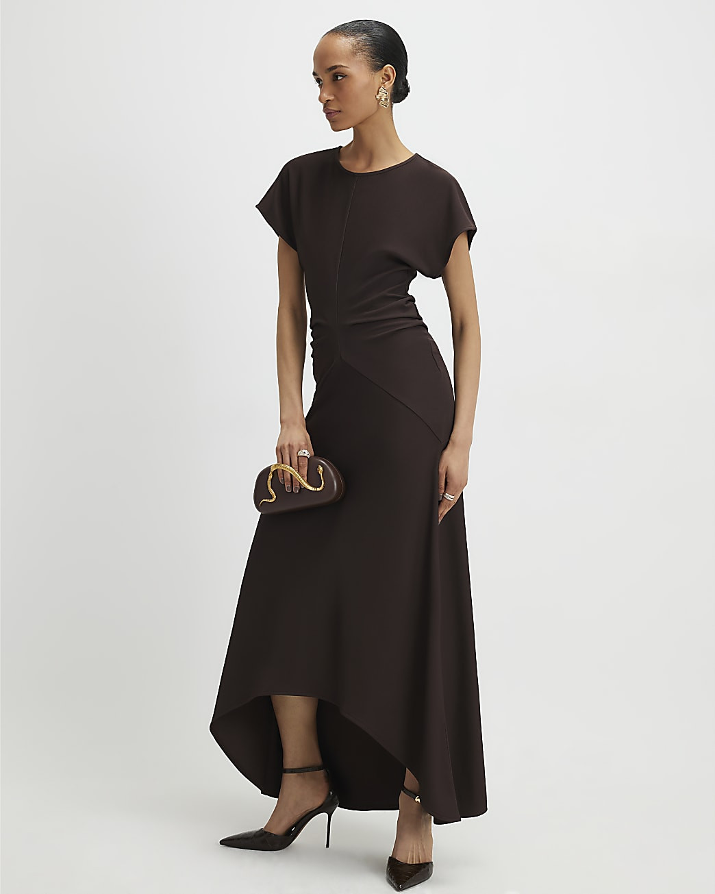 Brown Short Sleeve Cinched Waist Maxi Dress | River Island UK & IE