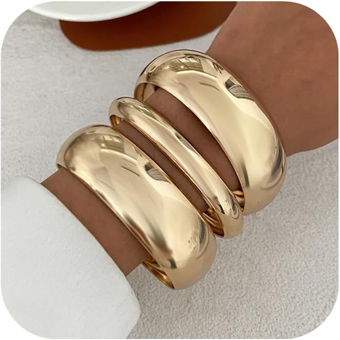 Chunky Gold Bangle Bracelets for Women Trendy Stack Wide Wrist Cuff Bracelets Statement Arm Cuff ... | Amazon (US)
