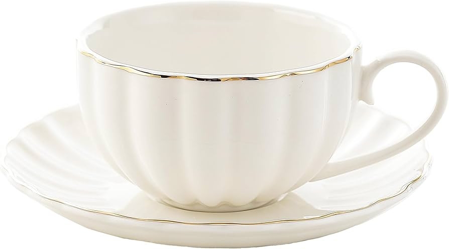 Generic Bloosnow 8oz White Porcelain Coffee Cup with Saucer,Gold Trim Ceramic Coffee Tea Cup and ... | Amazon (US)