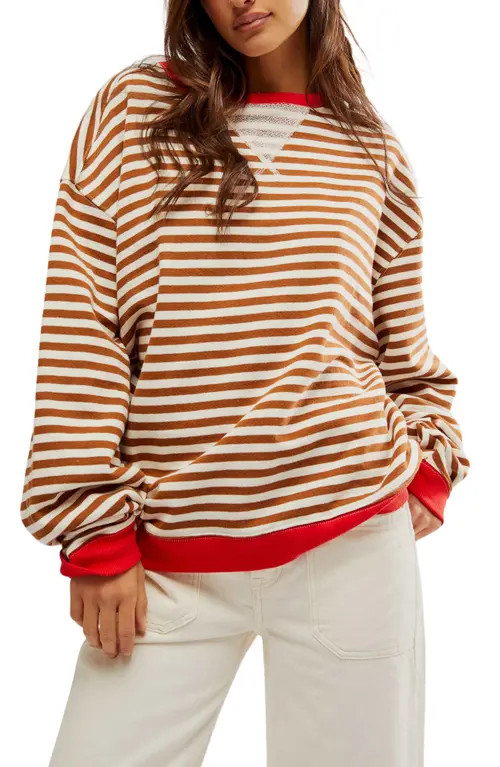 Free People Oversize Stripe Sweatshirt in Coffee Combo at Nordstrom, Size Medium | Nordstrom