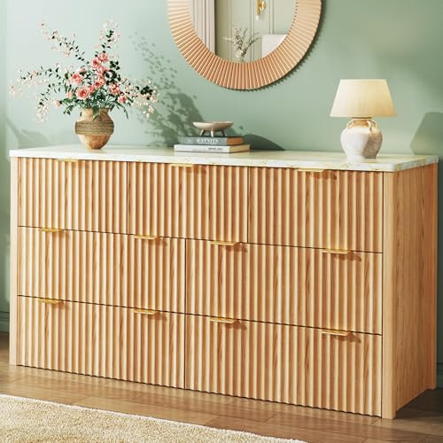 HUAHUU Fluted Dresser for Bedroom with 7 Drawers, 53" Wide Mid Century Modern Dressers with Faux Marble Top & Metal Handle, Wooden Chest of Drawers TV Stand, Natural Oak | Amazon (US)