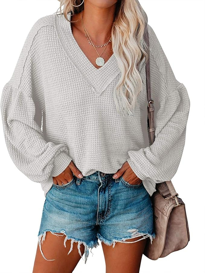 Womens Waffle Knit V Neck Shirts Sheer Oversized Casual Batwing Sweaters Balloon Sleeve Tunic Top... | Amazon (US)