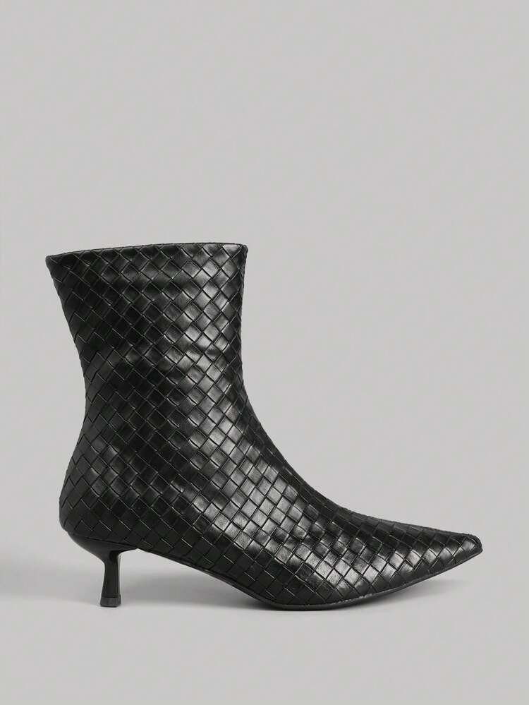Ontre Women's Black Woven Texture Pointed Toe Ankle Boots, Comfortable Texture For Daily Commute ... | SHEIN