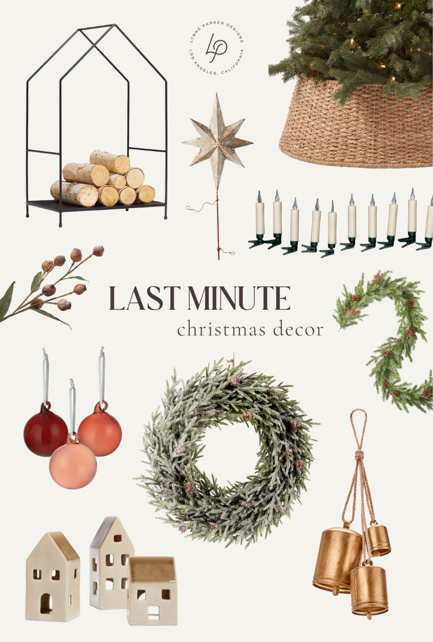 A round up of some of our favorite last minute Christmas decor! Includes iron log holder, woven tree collar, iron tree topper, faux wreath, solid round ornaments, faux garland, brass bells, and ceramic tea holders. 

#LTKHoliday #LTKunder100 #LTKhome