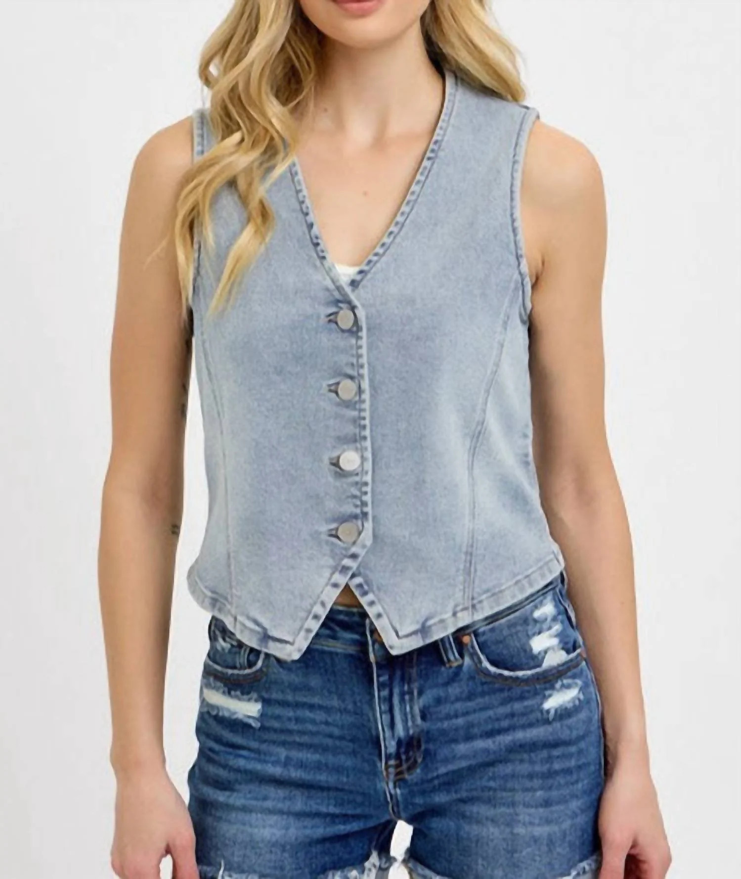 Denim Button Down Vest In Light Denim | Shop Simon
