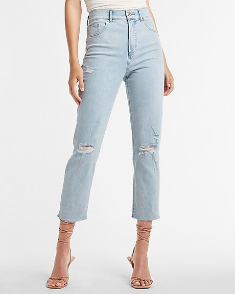 Super High Waisted Ripped Raw Hem Mom Jeans | Express