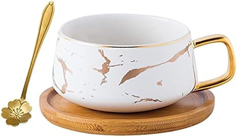 Jusalpha 10 oz Luxury Golden Hand Print Teacup Coffee Cup with Bamboo Saucer Set TCS19 (White) | Amazon (US)