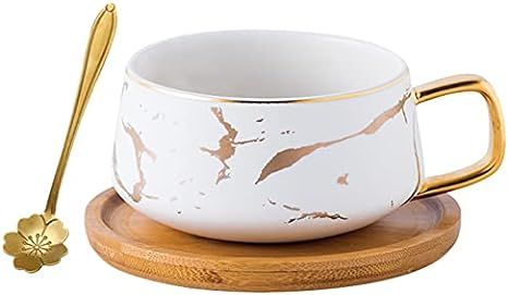 Jusalpha 10 oz Luxury Golden Hand Print Teacup Coffee Cup with Bamboo Saucer Set TCS19 (White) | Amazon (US)