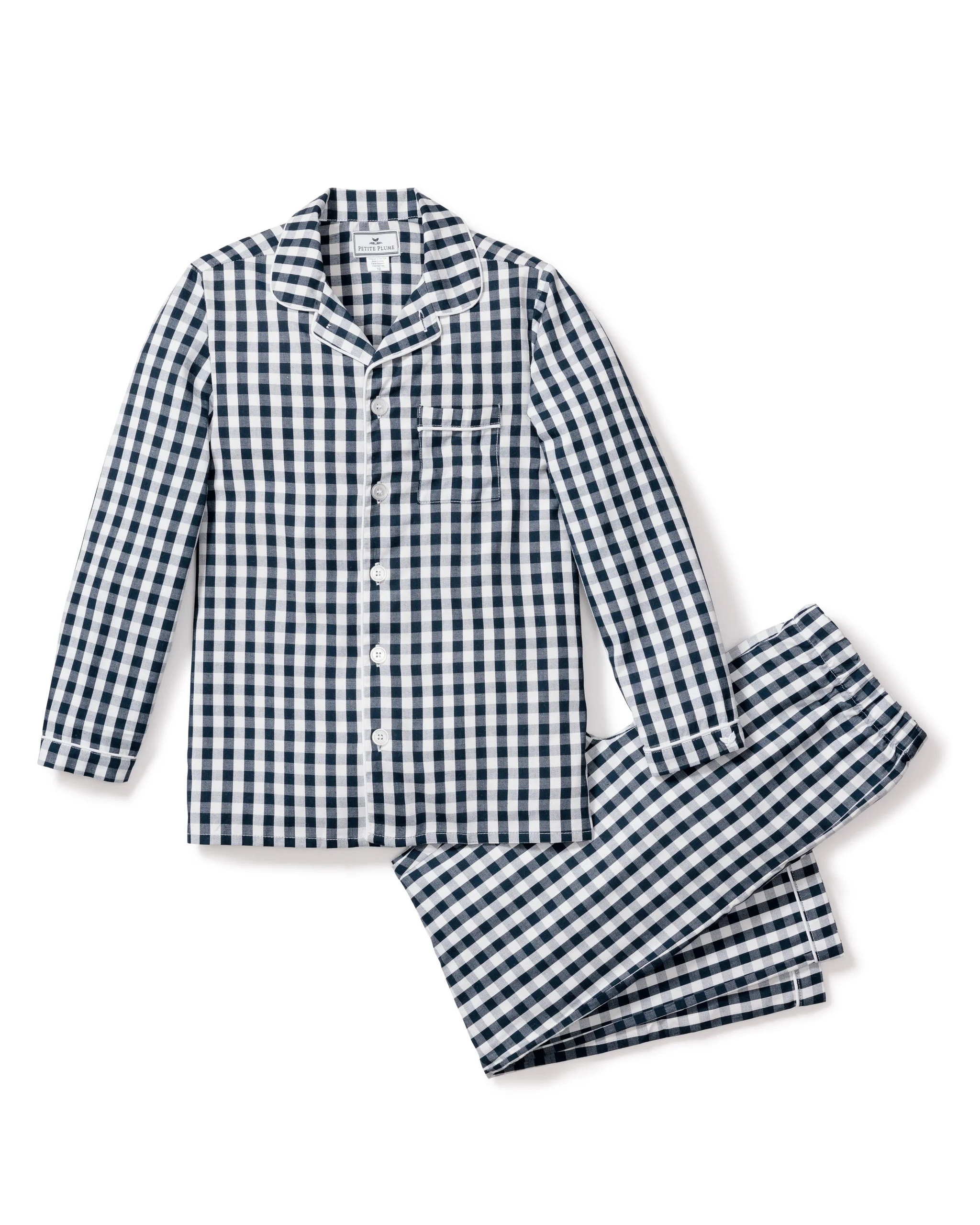 Kid's Twill Pajama Set in Navy Gingham | Petite Plume