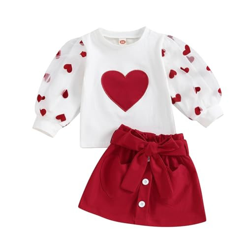 RWYBEIW Kids Toddler Baby Girl Valentine's Day Outfit Lace Long Sleeve Heart Sweatshirt Top with Red Belted Skirt Set (b-White, 6-12 Months) | Amazon (US)