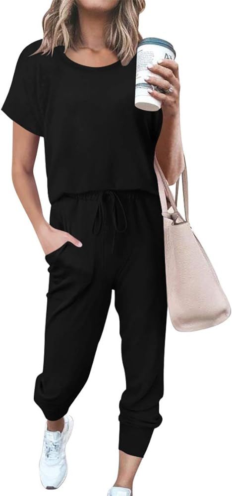 Women's Solid Color Two Piece Sweatsuits Batwing Short Sleeve Pullover Tops and Long Pants Lounge... | Amazon (US)
