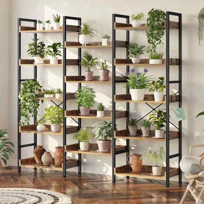 Industrial Triple Wide Bookshelf With Adjustable Shelves, 4 Hooks, And Open Display Shelves - Sturdy Metal Frame Bookcase For Living Room And Office S | Wayfair North America