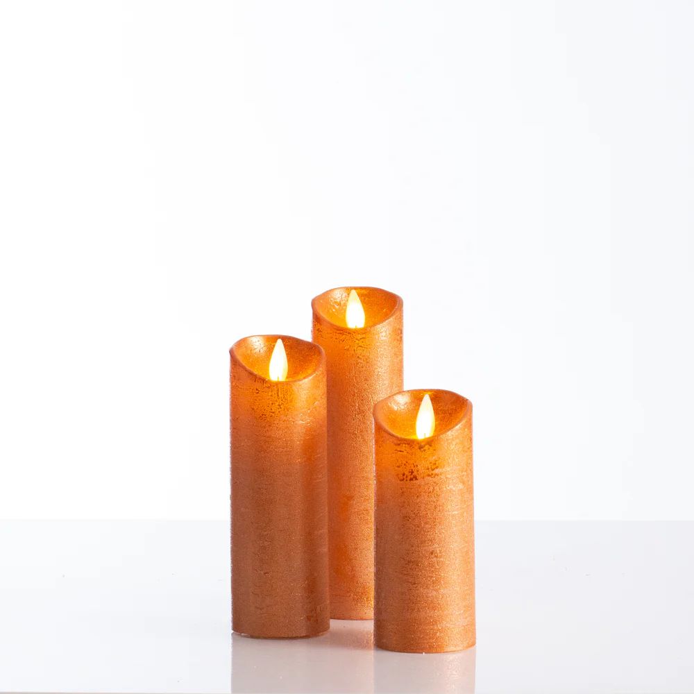Moving Flameless LED Rose Gold Metallic Glitter Pillar Candles with Remote- Set of 3 | Darby Creek Trading