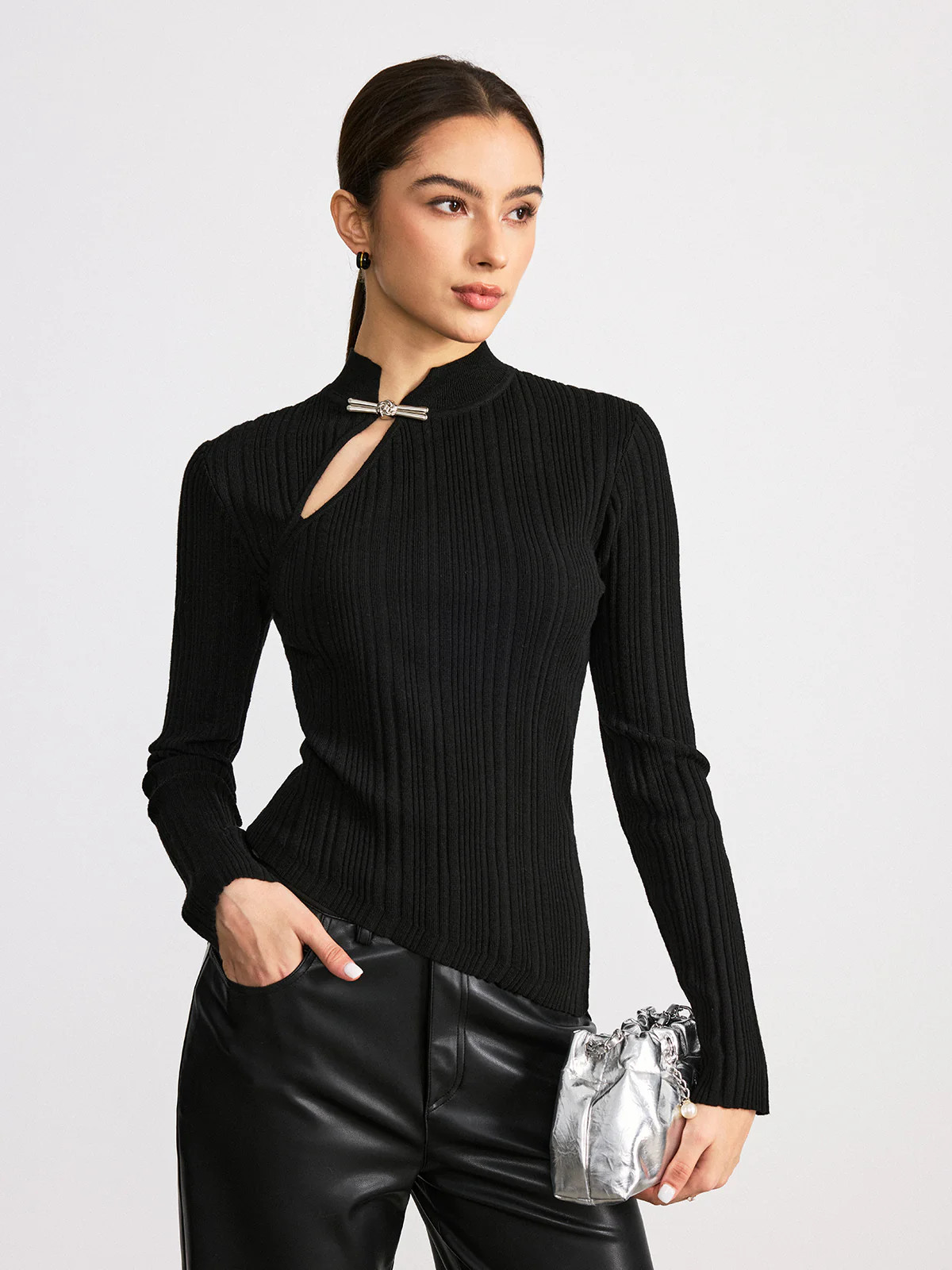 Metal Knot Detail Asymmetric Ribbed Sweater | Commense