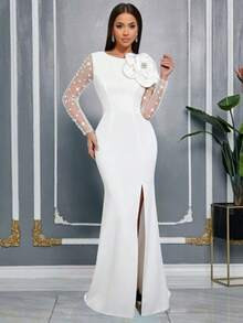 AOMEI Elegant Women's White Maxi Bodycon Dress Gown With 3D Floral Shoulder & Pearl Mesh Sleeves ... | SHEIN