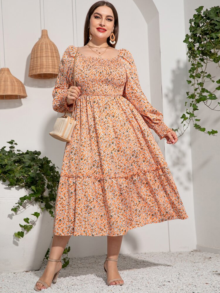 Plus Ditsy Floral Print Shirred Back Ruffle Hem Dress | SHEIN