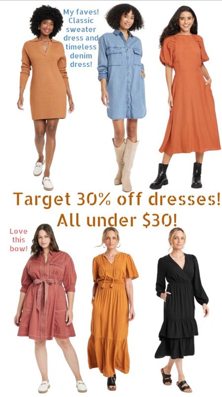 Target dresses on sale for 30% off! Target dresses under $30! Fall dresses on sale! Shirt dress, denim dress, sweater dress, peasant dress, cottagecore, plus size dress

#LTKSale #LTKworkwear #LTKsalealert