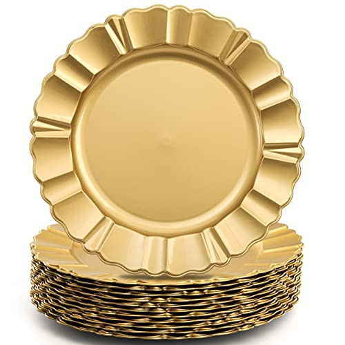 Cedilis 12 Pack Gold Plastic Charger Plates, 13 Inch Round Charger for Dinner Plate, Fluted Edge Charger Plates for Wedding Party Decoration | Amazon (US)