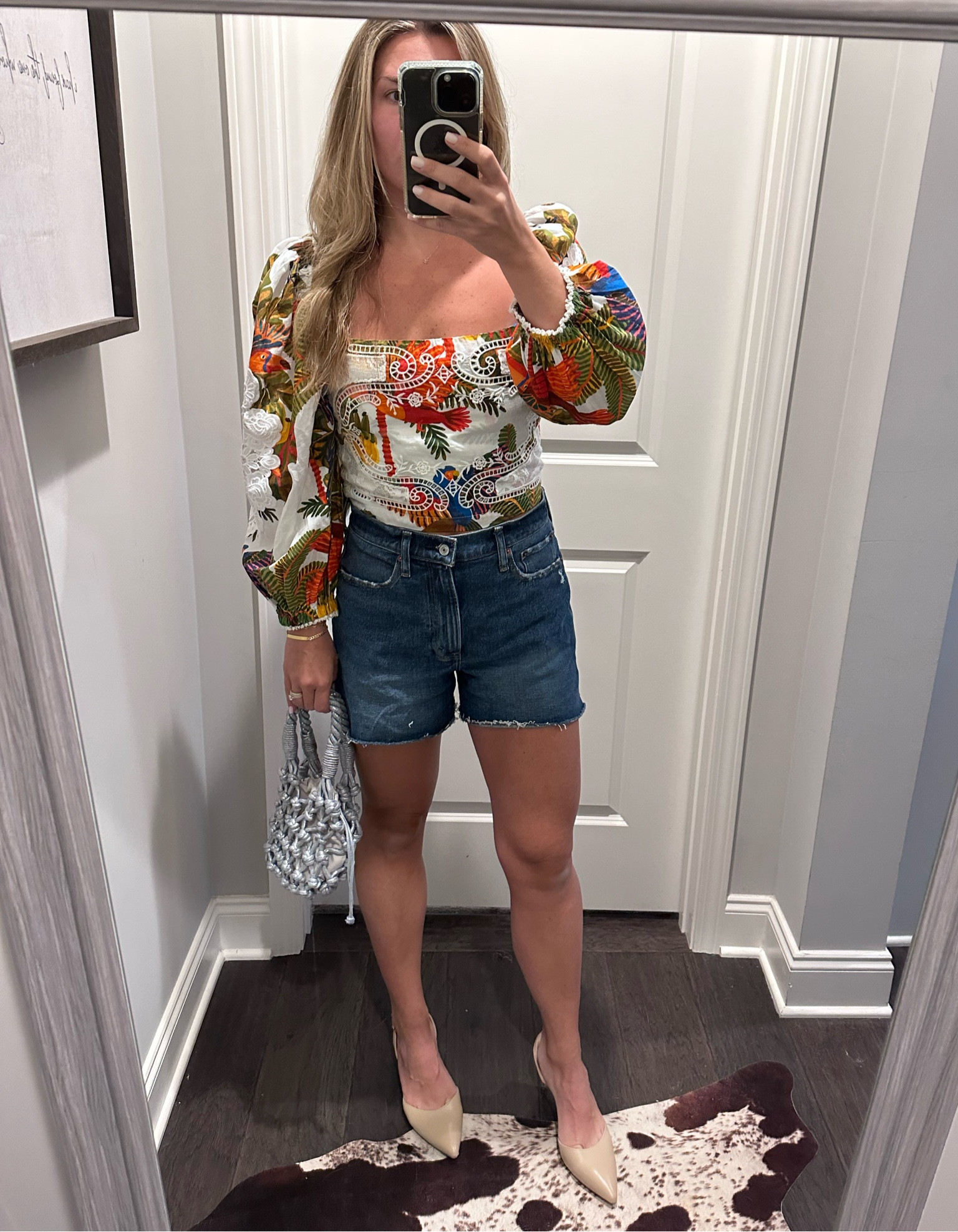 Farm Rio denim shorts nude sling back heels puff sleeve blouse Abercrombie & fitch jean mom curve love shorts summer date night outfit outfits vacation travel resort wear 

#LTKunder100 #LTKSeasonal #LTKtravel