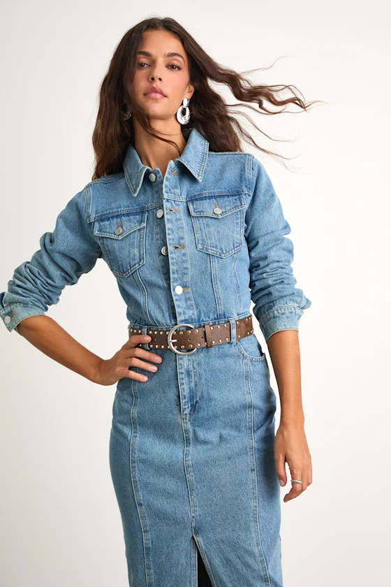 Alarie Medium Wash Denim Long Sleeve Midi Dress | Lulus