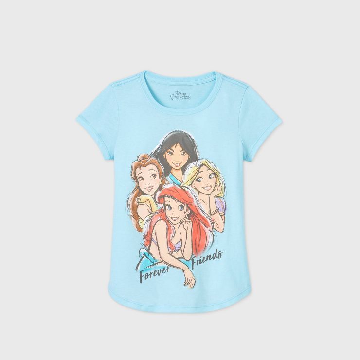 Girls' Disney Princess 'Forever Friends' Short Sleeve Graphic T-Shirt - Blue | Target