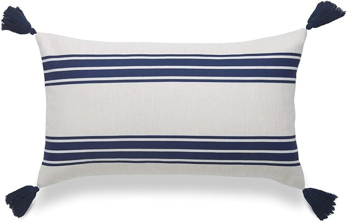 Hofdeco Coastal Decorative Lumbar Throw Pillow Cover ONLY, for Couch, Sofa, or Bed, Navy Blue Str... | Amazon (US)