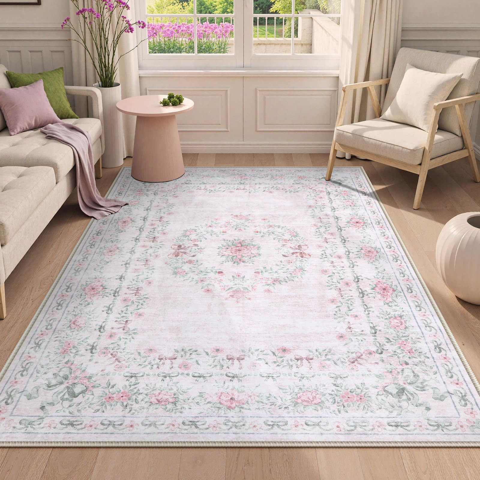 Wonnitar Floral Bow Pink Rug for Bedroom, Washable 5x7 Area Rug for Girls Nursery, Ultra-Thin Non Slip Soft Boho Carpet for Kids Room Dorm Living Room, Light Pink | Amazon (US)