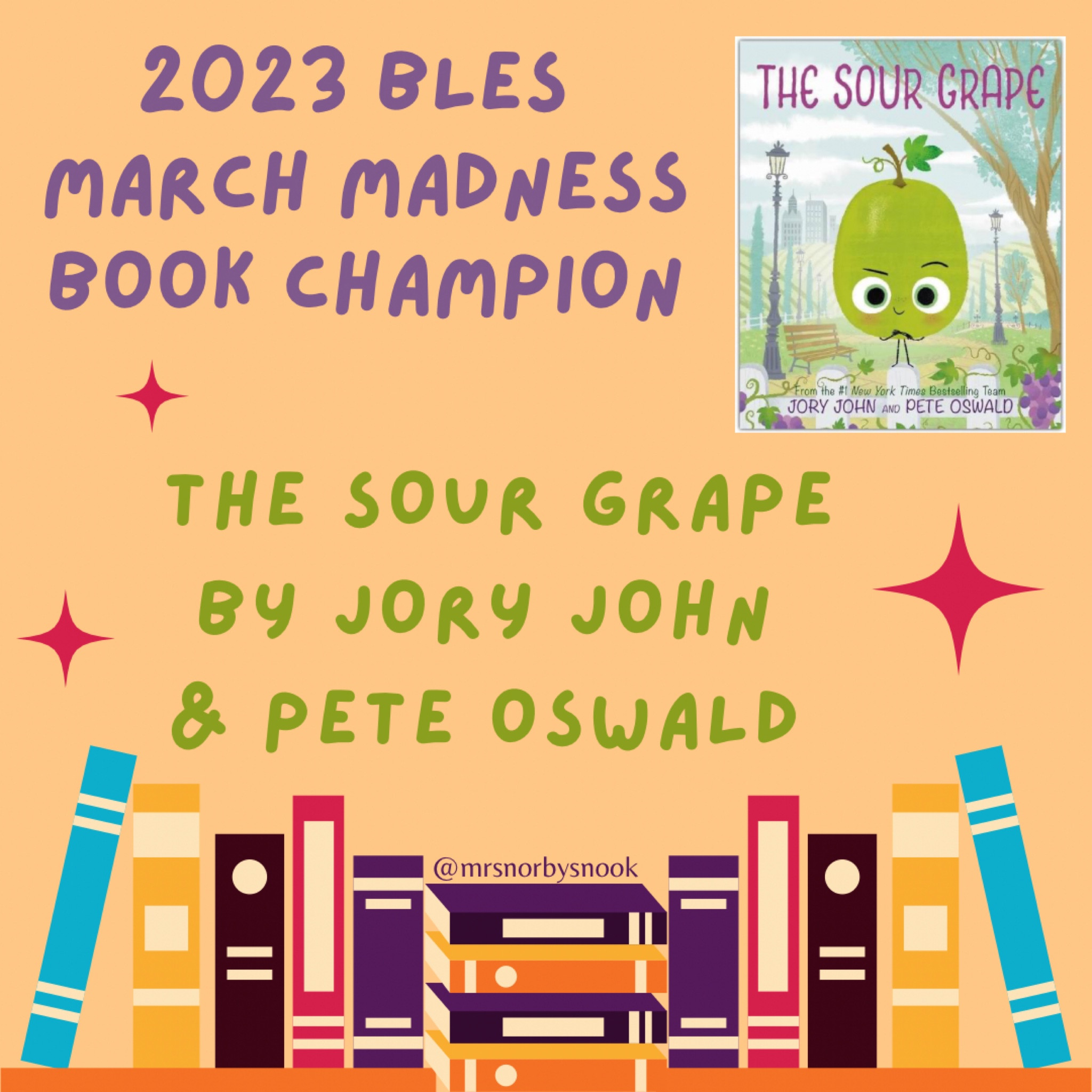 Happy World Book Day! 📖 

The end of the school year is quickly approaching, and I didn’t want to miss the chance to give a shout-out to our 2023 BLES March Madness Tournament of Books Champion!! 🏆 
The Sour Grape by Jory John & Pete Oswald! 🍇

Our students loved keeping up with the bracket each week in March as they voted for their favorite book! 📚

#thesourgrape #joryjohnandpeteoswald #childrensbooks #marchmadnessbooktournament  #winner #bracket #mediaspecialist #elementarylibraries #schoollibrarian #worldbookday #nationallibrarymonth #mrsnorbysnook #norbysnookofbooks

#LTKunder50
