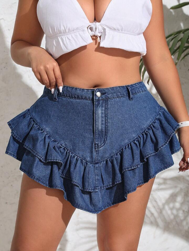 SHEIN VCAY Plus Size Women's Denim Skirt With Ruffle Hem And Patchwork Design | SHEIN