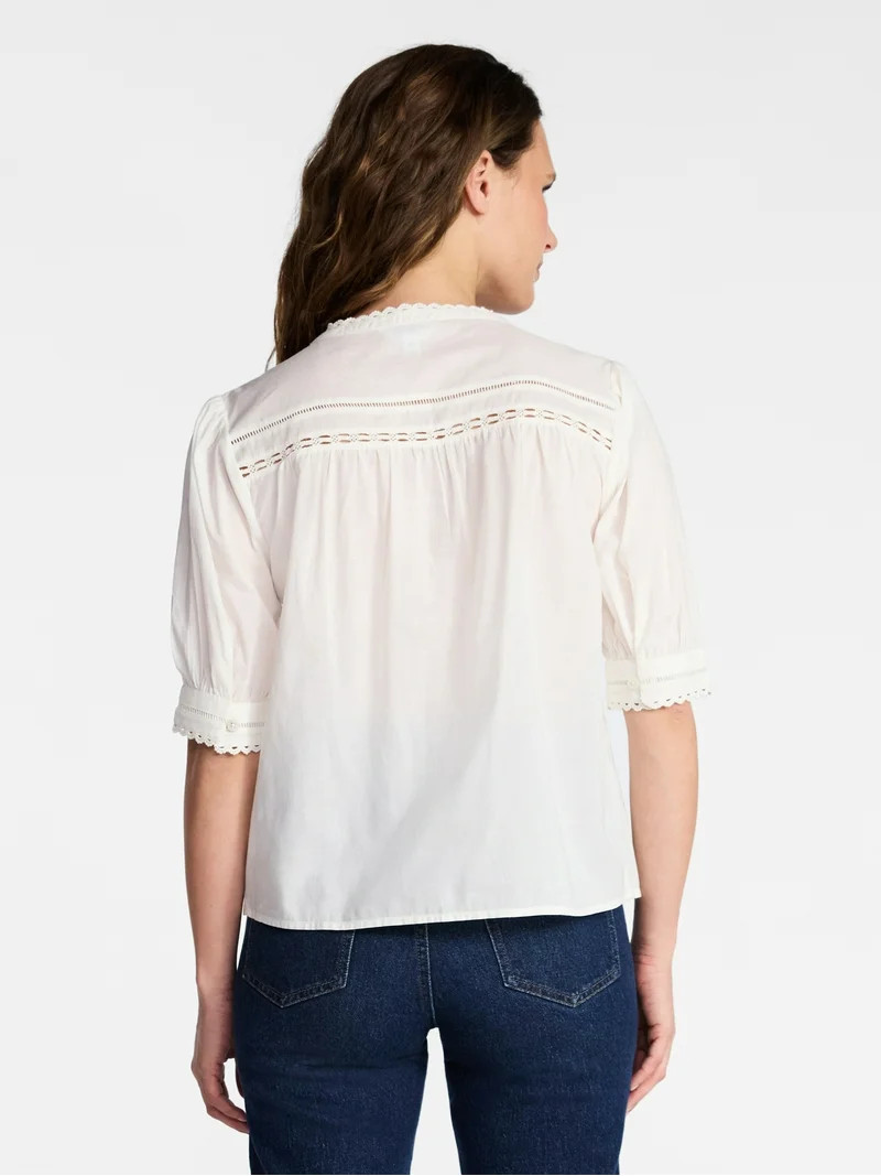 Time and Tru Women's and Women's Plus Cotton Lace Inset Blouse with Elbow Length Sleeves, Sizes X... | Walmart (US)