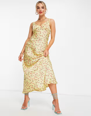 ASOS DESIGN satin maxi bias slip dress in yellow ditsy floral and spot print | ASOS (Global)