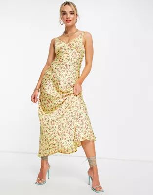 ASOS DESIGN satin maxi bias slip dress in yellow ditsy floral and spot print | ASOS (Global)