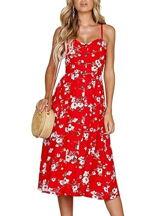 ZESICA Women's Summer Floral Printed Spaghetti Strap Button Down Pockets Swing Midi Dress | Amazon (US)