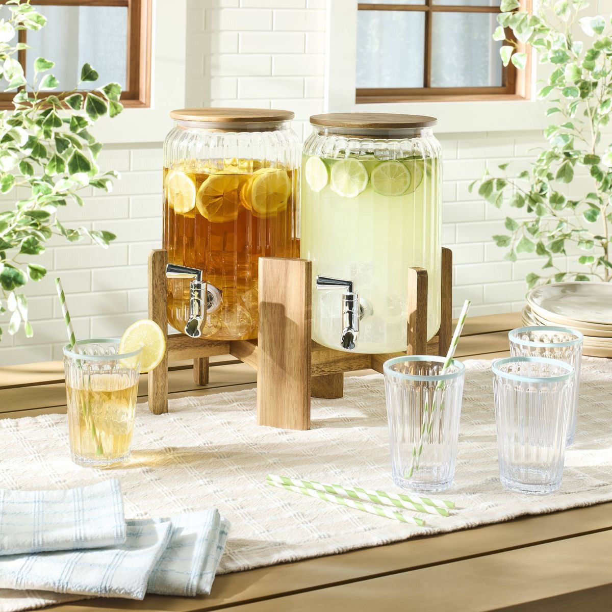 3gal Ribbed Acrylic Double Beverage Dispenser with Wood Stand - Hearth & Hand™ with Magnolia | Target