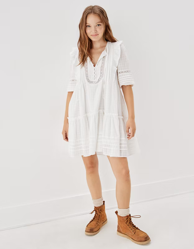 AE Pintuck Ruffle Babydoll Mini Dress | American Eagle Outfitters (US & CA)