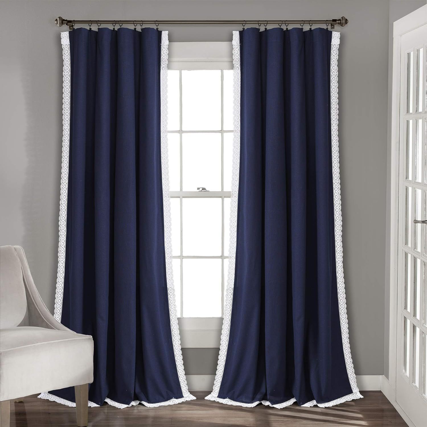 Lush Decor Navy Rosalie Window Curtains Farmhouse, Rustic Style Panel Set for Living, Dining Room... | Amazon (US)