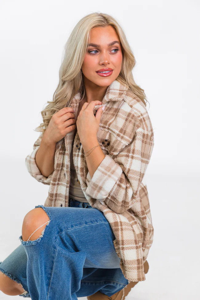 Through The Leaves Khaki Sherpa Plaid Shacket FINAL SALE | Pink Lily