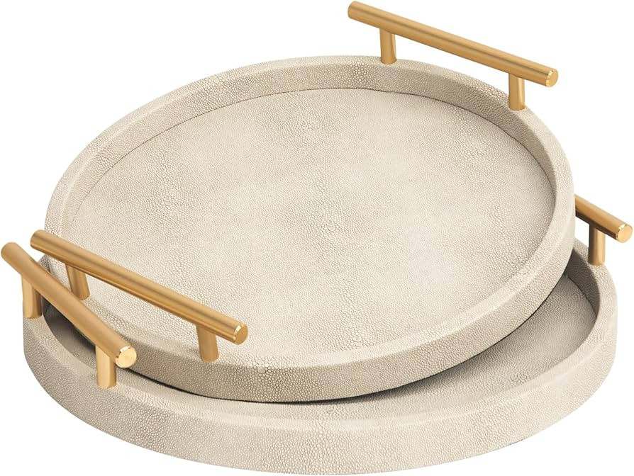 Modern Shagreen Tray, Round Serving Tray with Gold Polished Metal Handles, Decorative Trays Coffe... | Amazon (US)