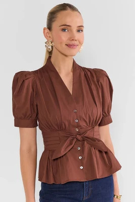 Brown Pleated Tie Waist Top | Avara